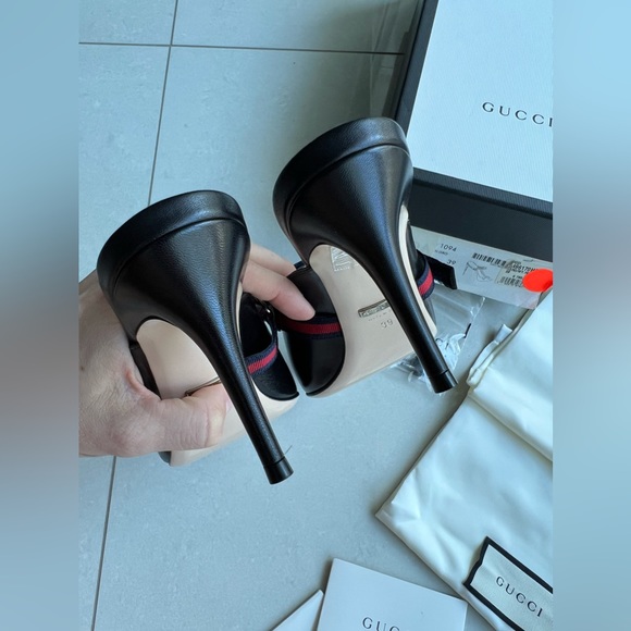 GUCCI Women's Signature Web Strap Horsebit High-Heel Leather Mules Black 39 NEW - Picture 5 of 14